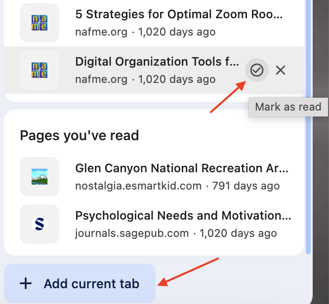 Add a new page to the Reading List by clicking "Add Current Tab" 